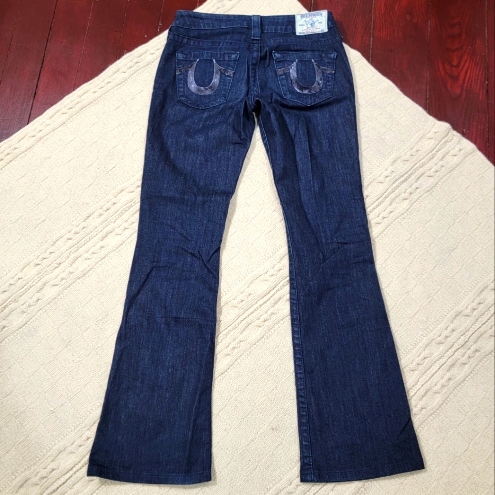 RARE True Religion Low Rise Bootcut Sequin Accent Jeans Dark Wash size 26 Blue